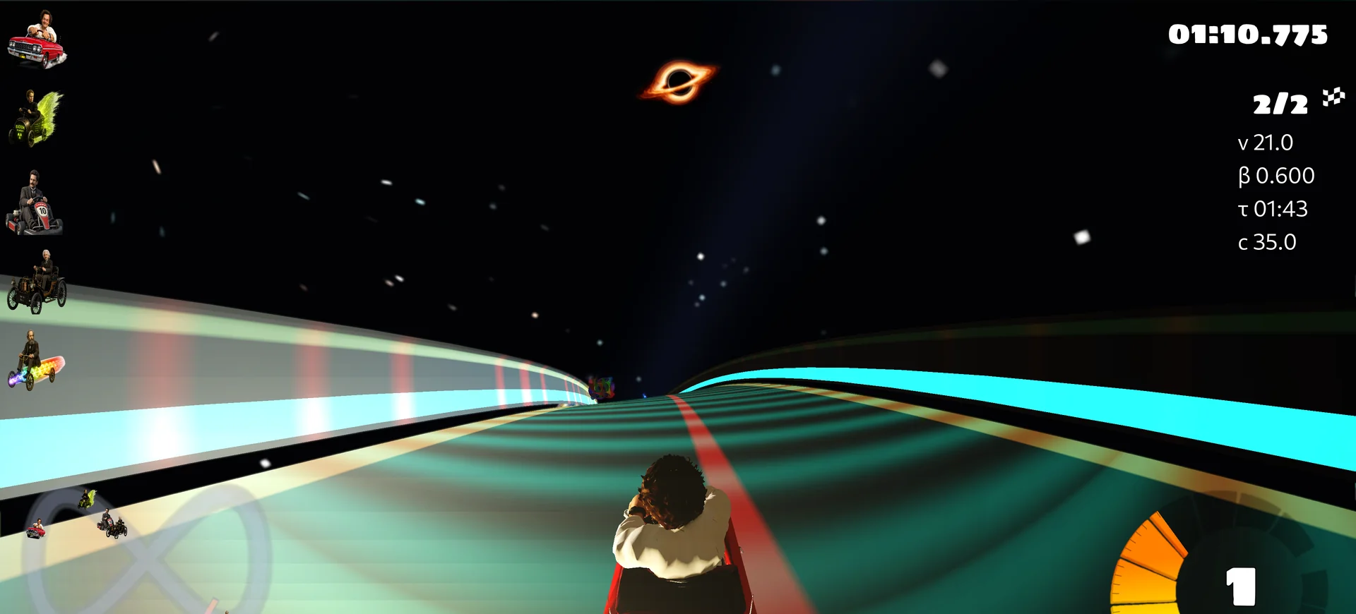 Black-hole power-up above a Möbius racing track with visible screen-space distortion around it
