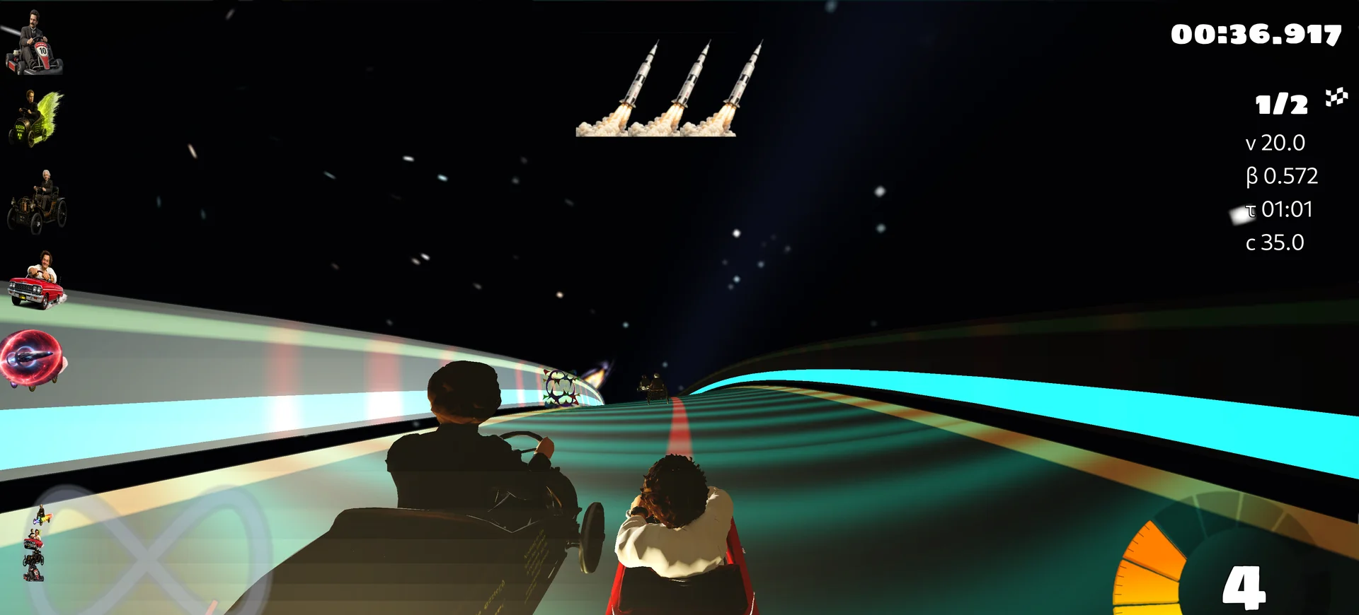 Two karts racing while the HUD reports velocity 20, beta 0.572, proper time 1 minute 1 second, and speed of light 35